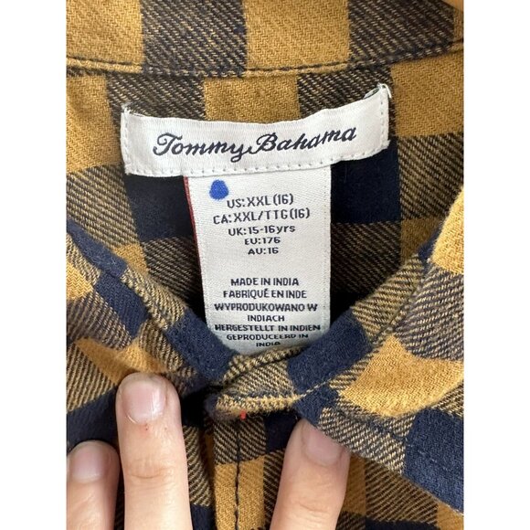 Tommy Bahama Boy's XXL 16 Blue Mustard Yellow Gingham Plaid Flannel Shirt - Picture 4 of 7